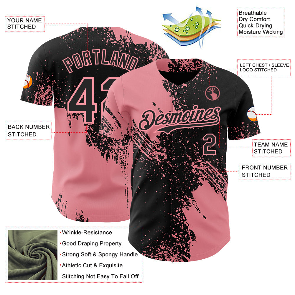 Custom Black-Medium Pink Abstract Brush Stroke Authentic Baseball Jersey view 3