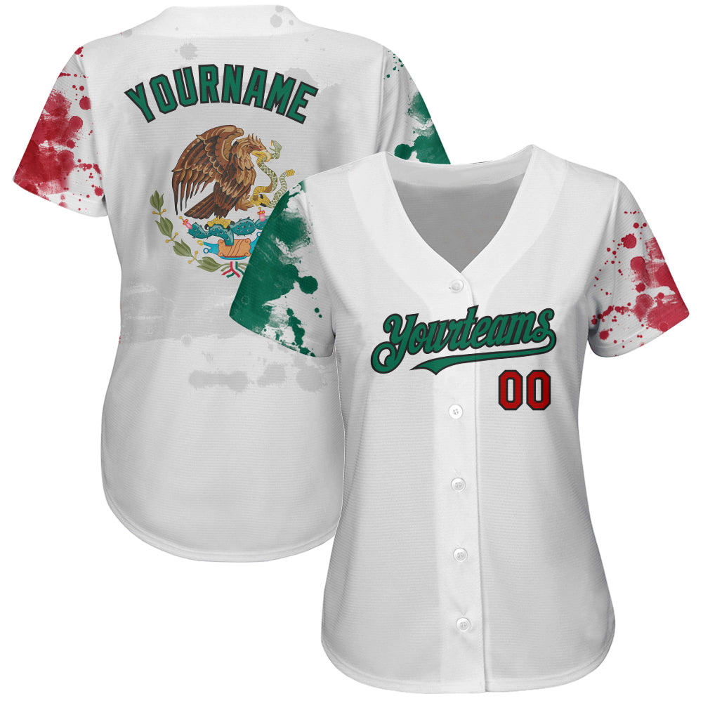 Custom White Red Kelly Green-Black 3D Mexican Flag Grunge Design Authentic Baseball Jersey view 2