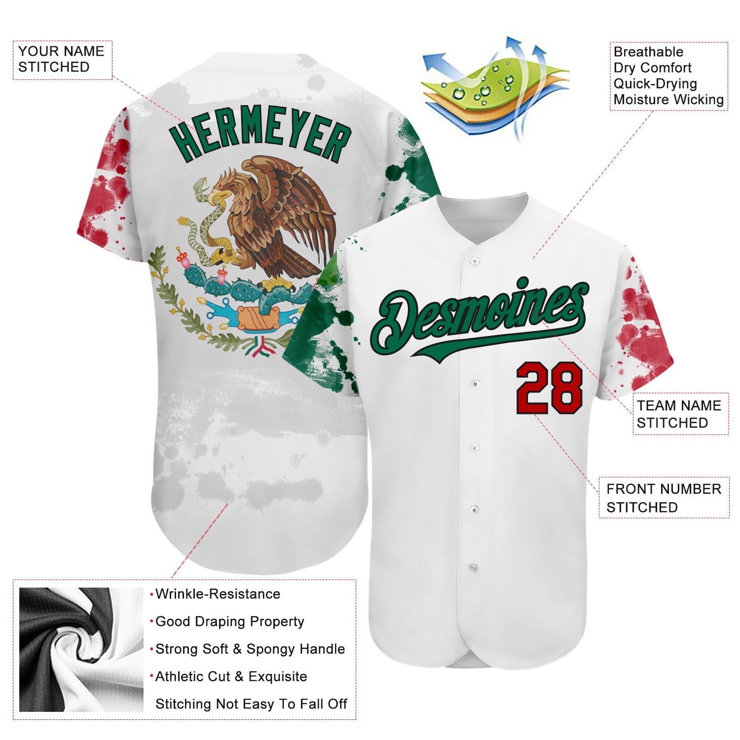 Custom White Red Kelly Green-Black 3D Mexican Flag Grunge Design Authentic Baseball Jersey view 3
