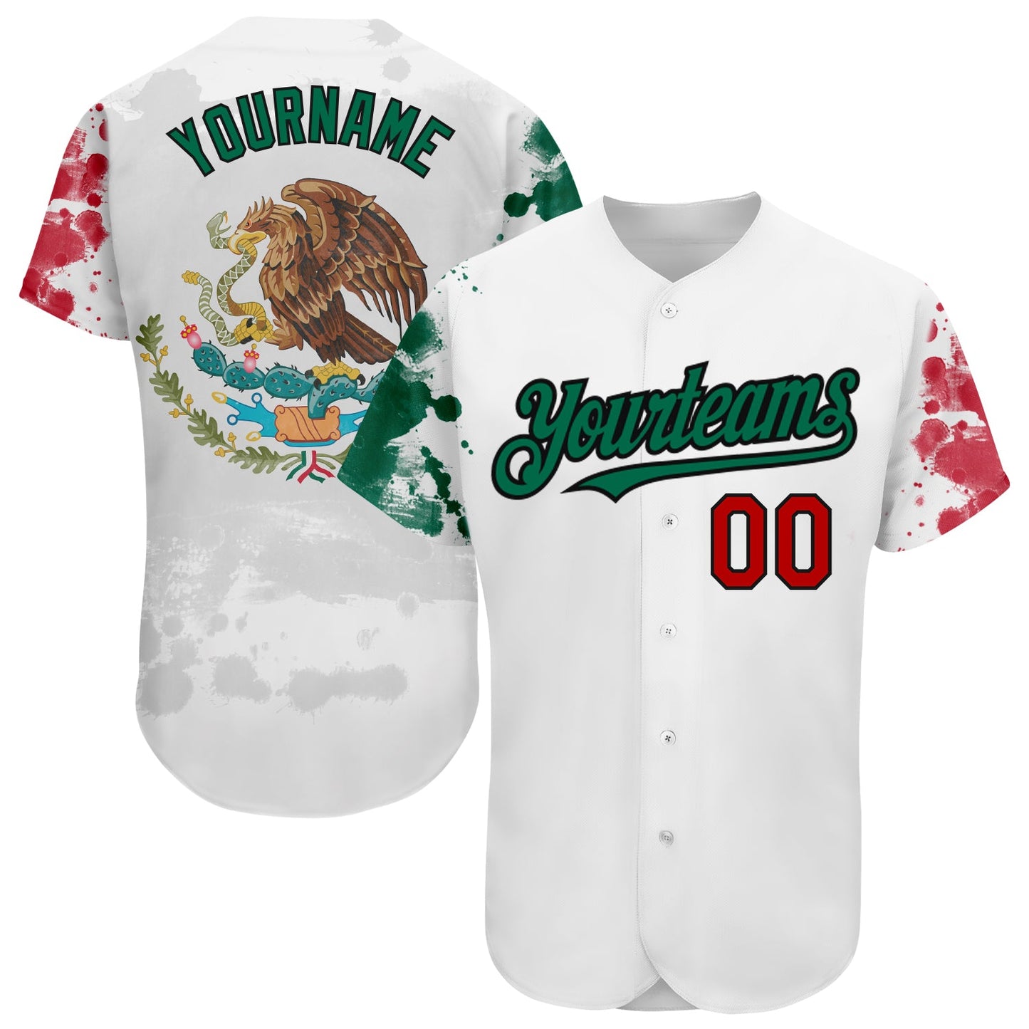 Custom White Red Kelly Green-Black 3D Mexican Flag Grunge Design Authentic Baseball Jersey - Main View