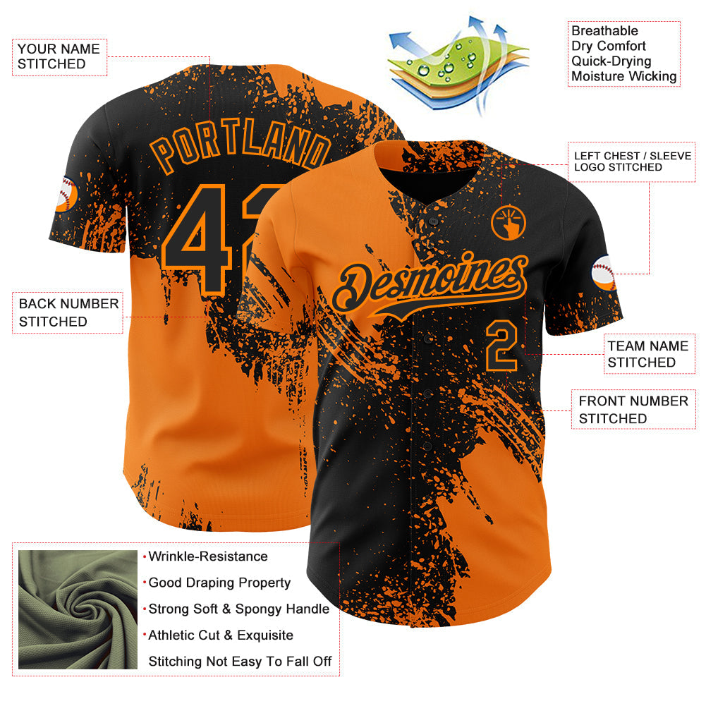 Custom Black-Bay Orange Abstract Brush Stroke Authentic Baseball Jersey view 3
