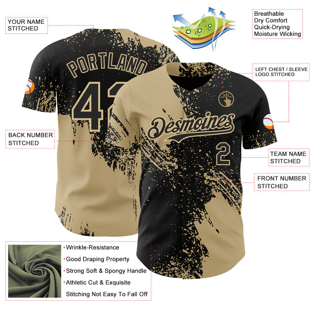 Custom Black-Vegas Gold Abstract Brush Stroke Authentic Baseball Jersey view 3