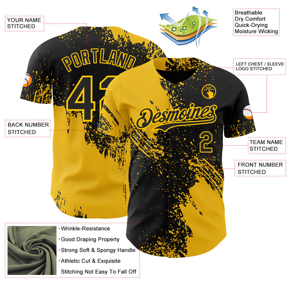 Custom Black-Yellow Abstract Brush Stroke Authentic Baseball Jersey view 3