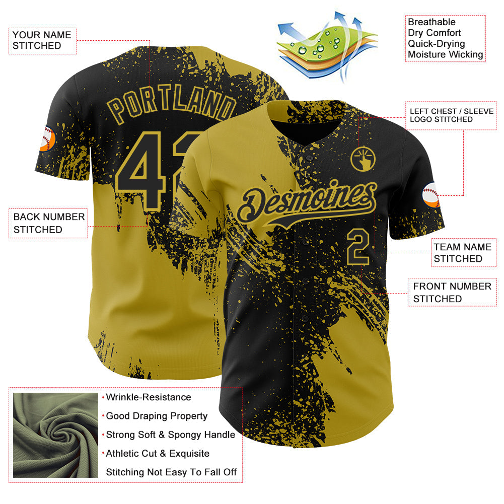 Custom Black-Old Gold Abstract Brush Stroke Authentic Baseball Jersey view 3