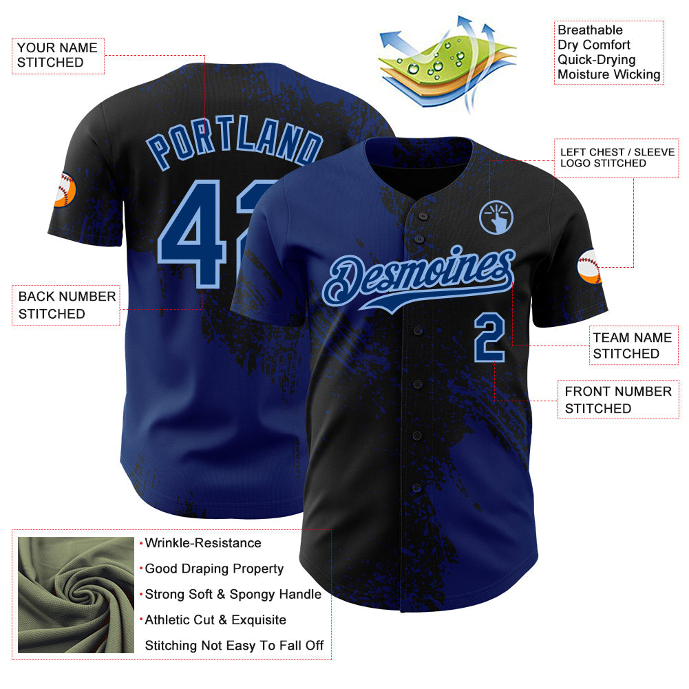 Custom Black US Navy Blue-Light Blue Abstract Brush Stroke Authentic Baseball Jersey view 3