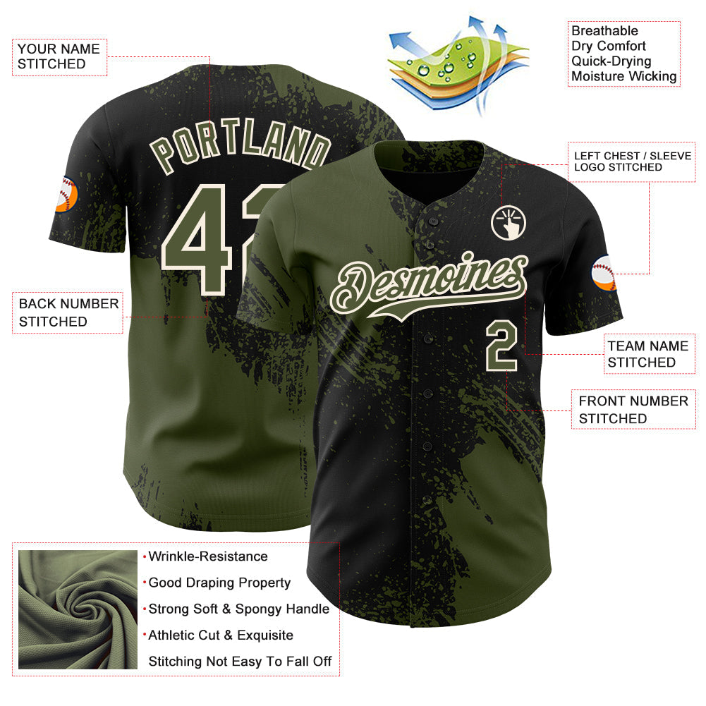 Custom Black Olive-Cream Abstract Brush Stroke Authentic Baseball Jersey view 3