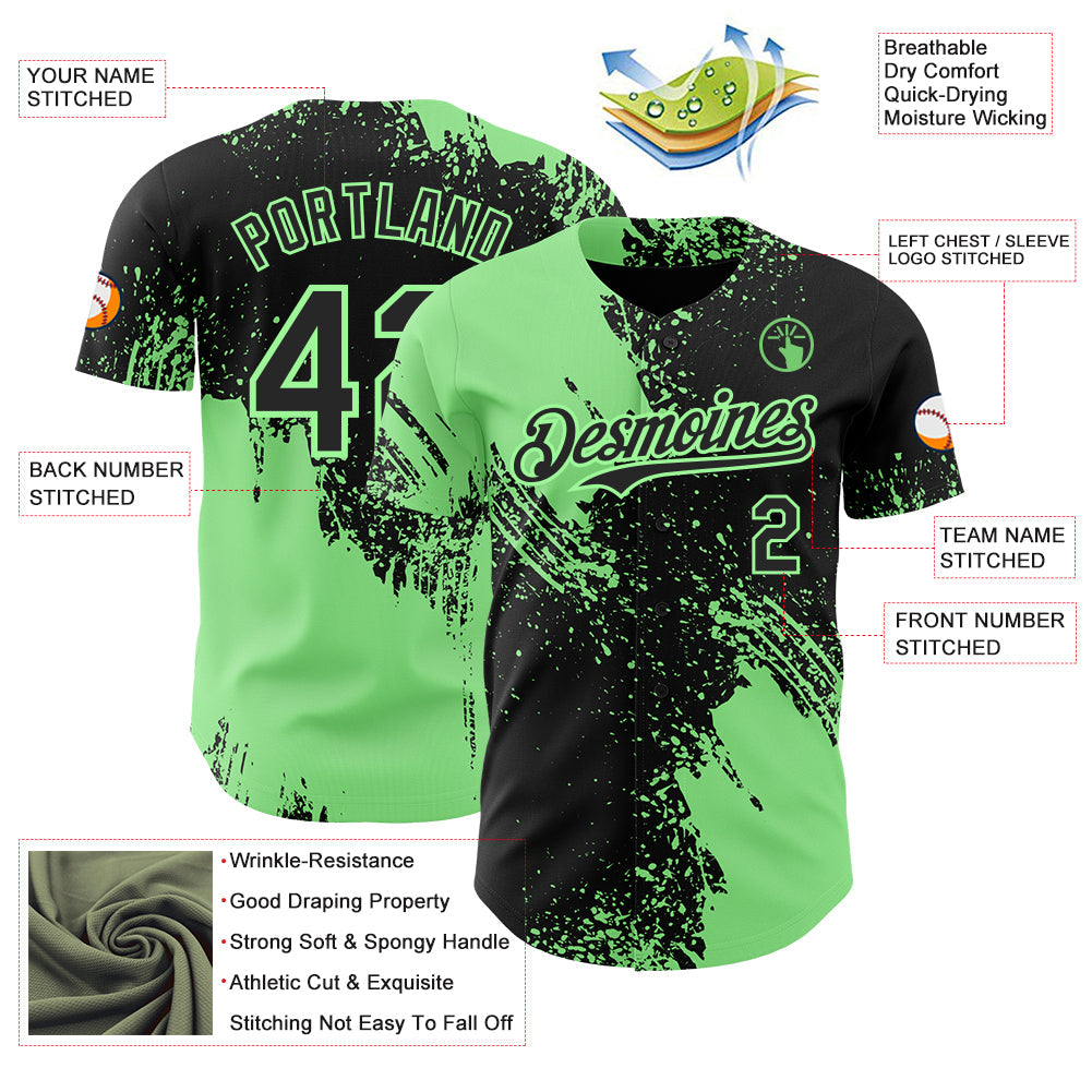 Custom Black-Pea Green Abstract Brush Stroke Authentic Baseball Jersey view 3