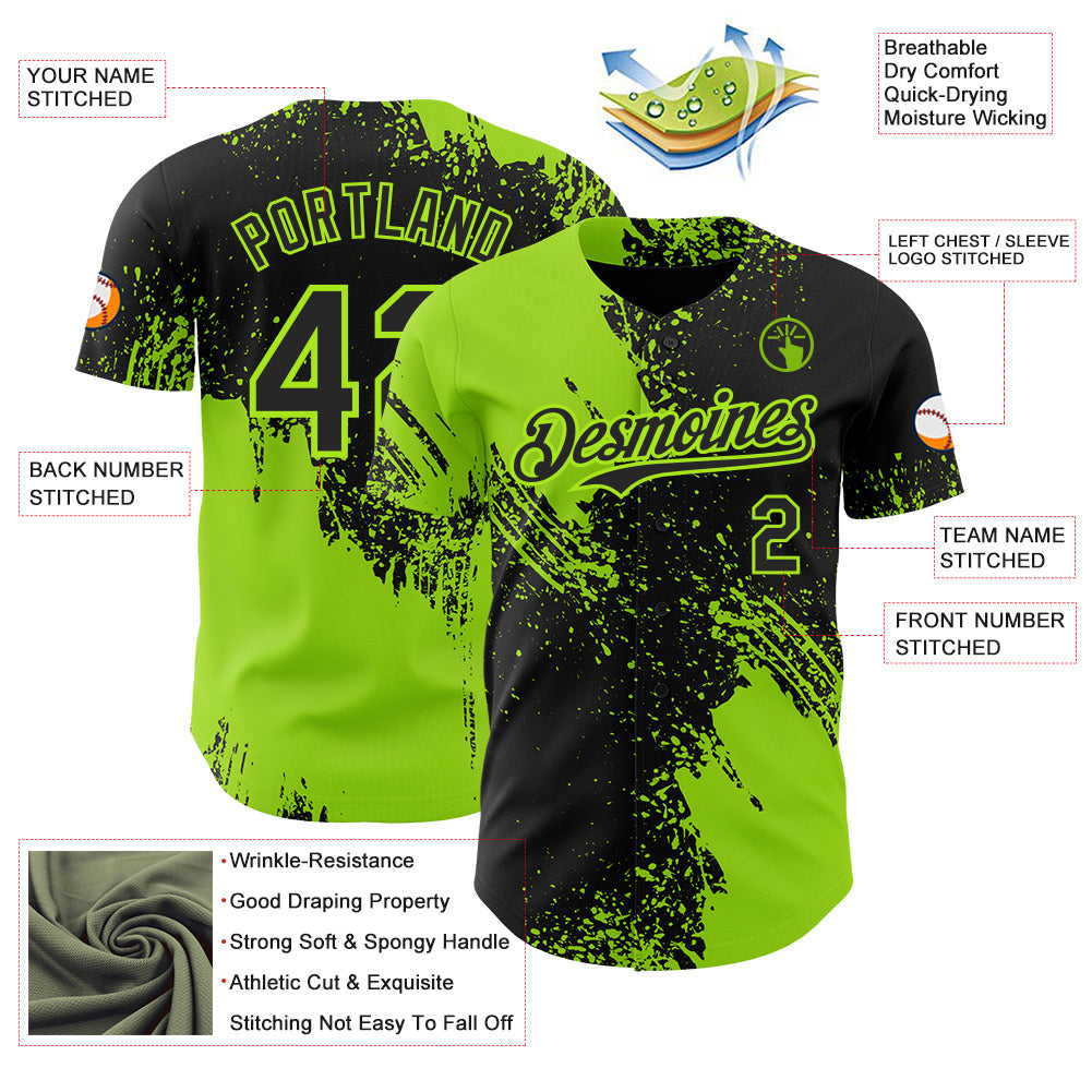 Custom Black-Neon Green Abstract Brush Stroke Authentic Baseball Jersey view 3