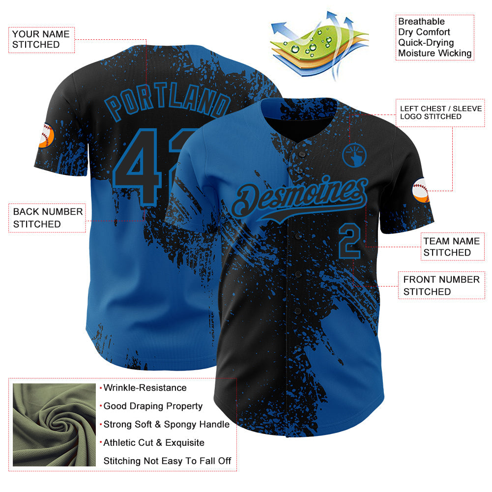 Custom Black-Blue Abstract Brush Stroke Authentic Baseball Jersey view 3