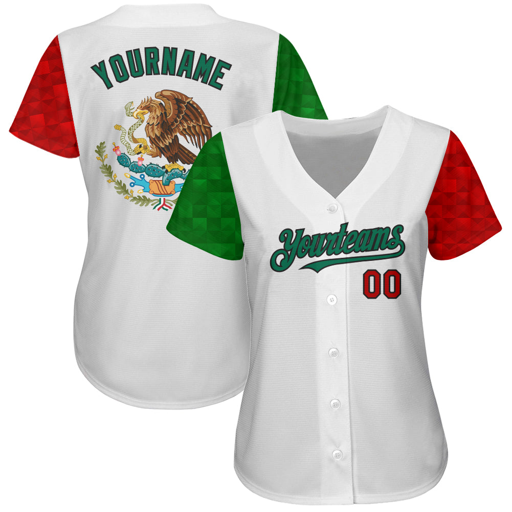 Custom White Red Kelly Green-Black 3D Mexican Flag Authentic Baseball Jersey view 2