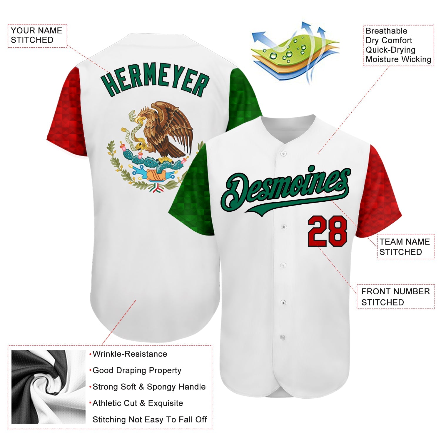 Custom White Red Kelly Green-Black 3D Mexican Flag Authentic Baseball Jersey view 3