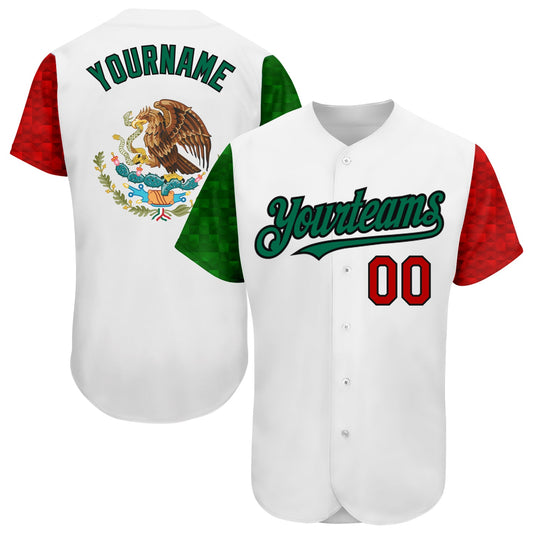 Custom White Red Kelly Green-Black 3D Mexican Flag Authentic Baseball Jersey - Main View