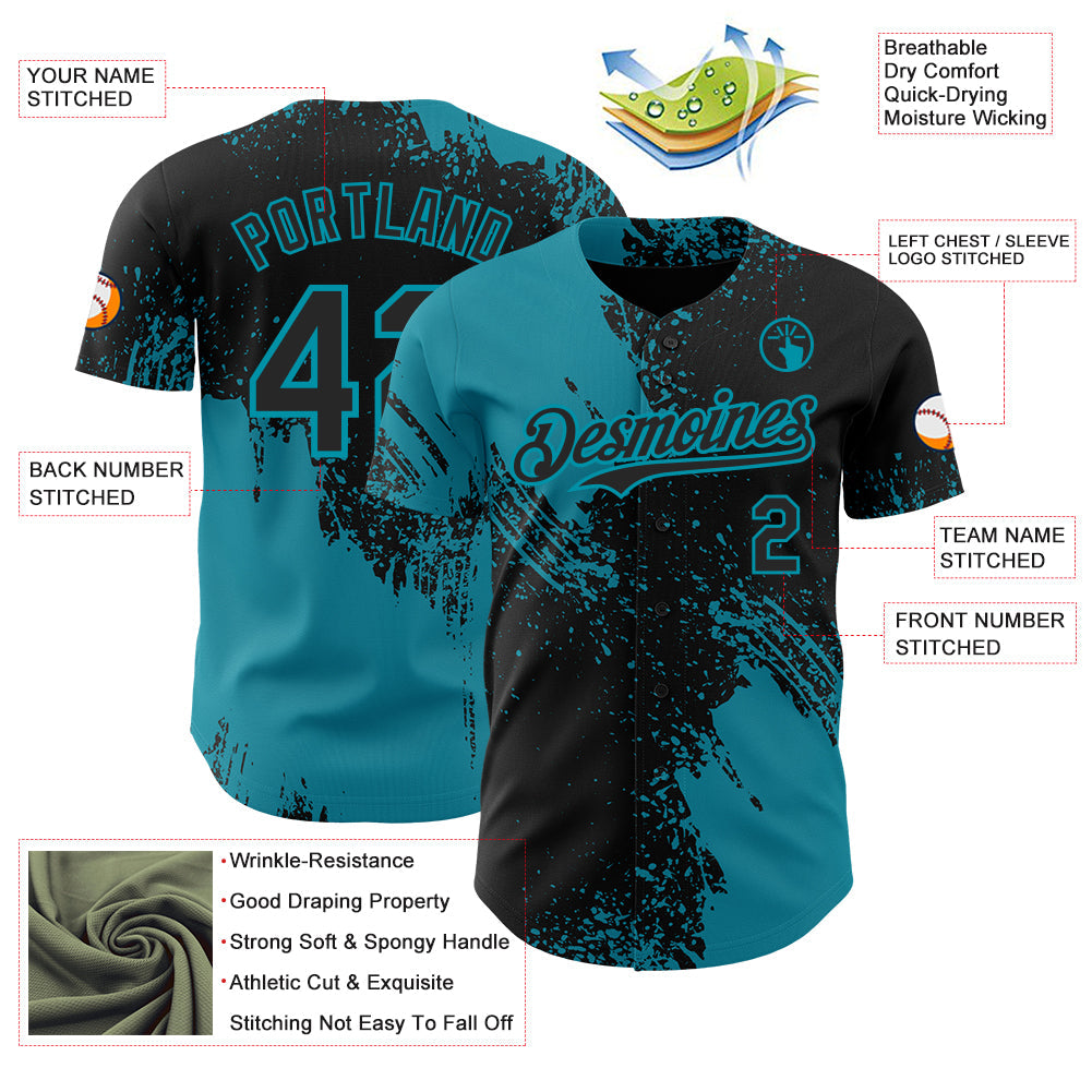 Custom Black-Teal Abstract Brush Stroke Authentic Baseball Jersey view 3