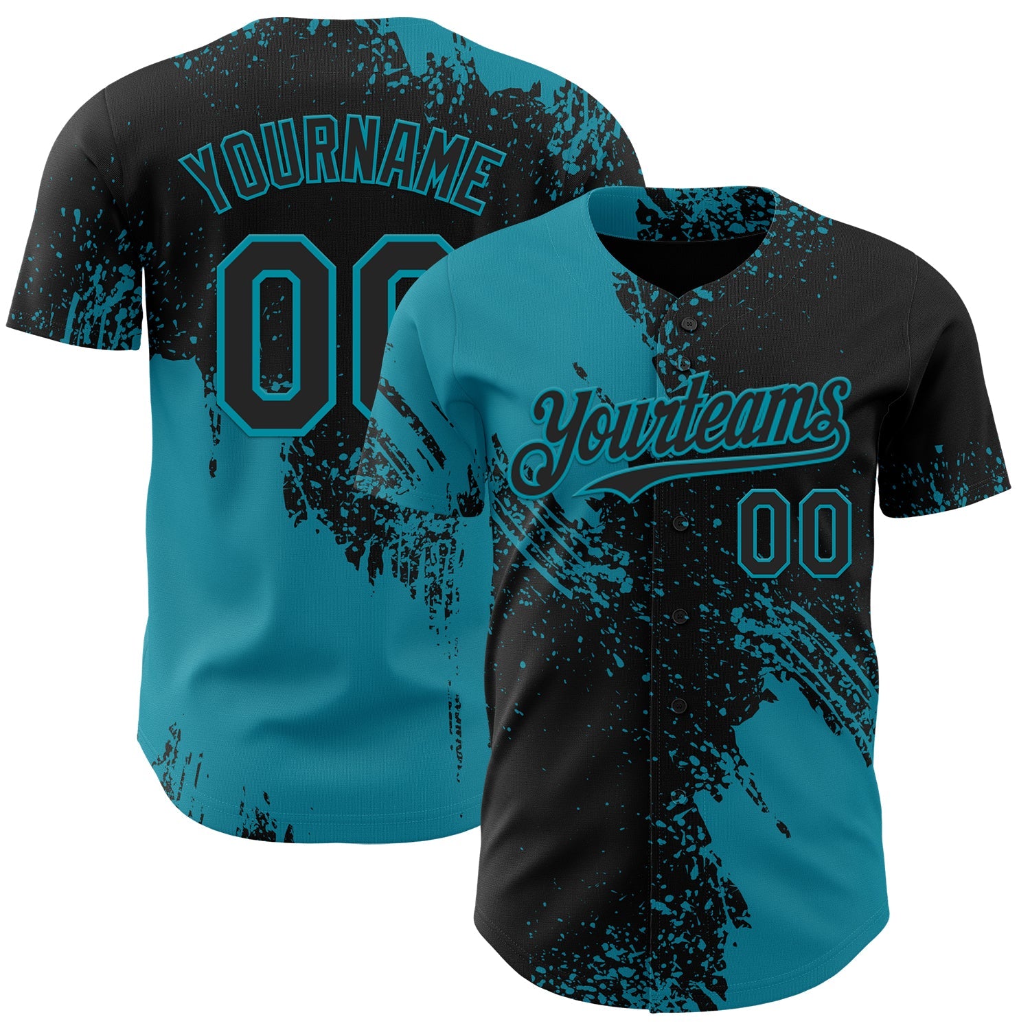 Custom Black-Teal Abstract Brush Stroke Authentic Baseball Jersey - Main View