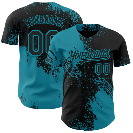 Custom Black-Teal Abstract Brush Stroke Authentic Baseball Jersey - Main View