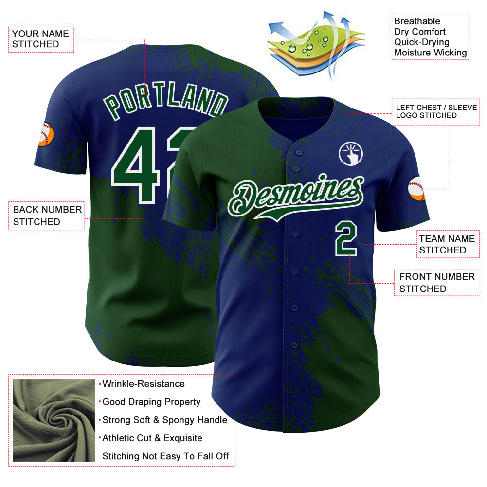 Custom Royal Green-White Abstract Brush Stroke Authentic Baseball Jersey view 3