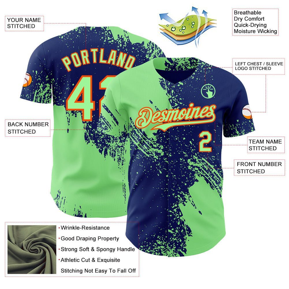 Custom Royal Pea Green-Orange Abstract Brush Stroke Authentic Baseball Jersey view 3