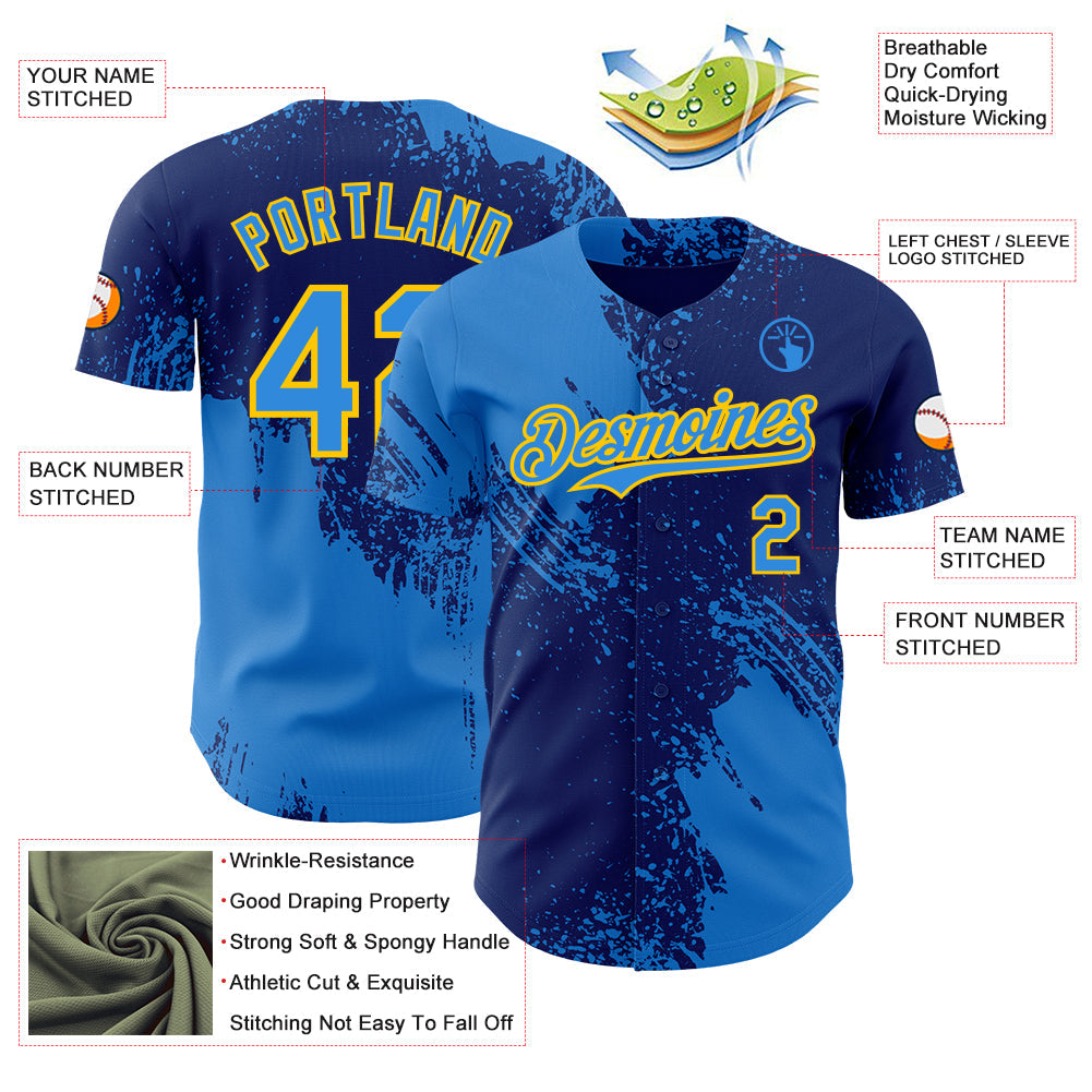 Custom Royal Electric Blue-Yellow Abstract Brush Stroke Authentic Baseball Jersey view 3