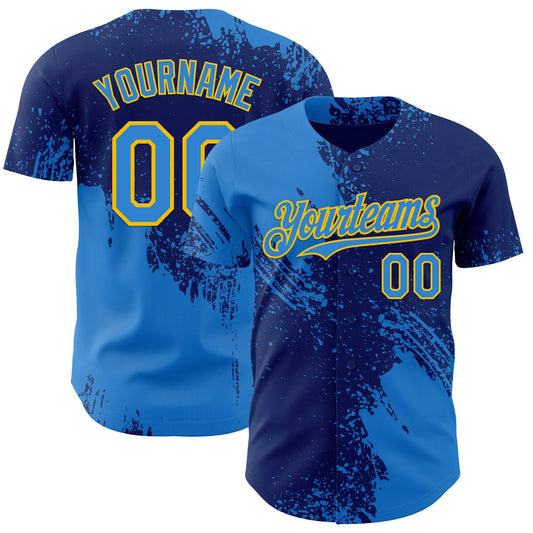 Custom Royal Electric Blue-Yellow Abstract Brush Stroke Authentic Baseball Jersey - Main View
