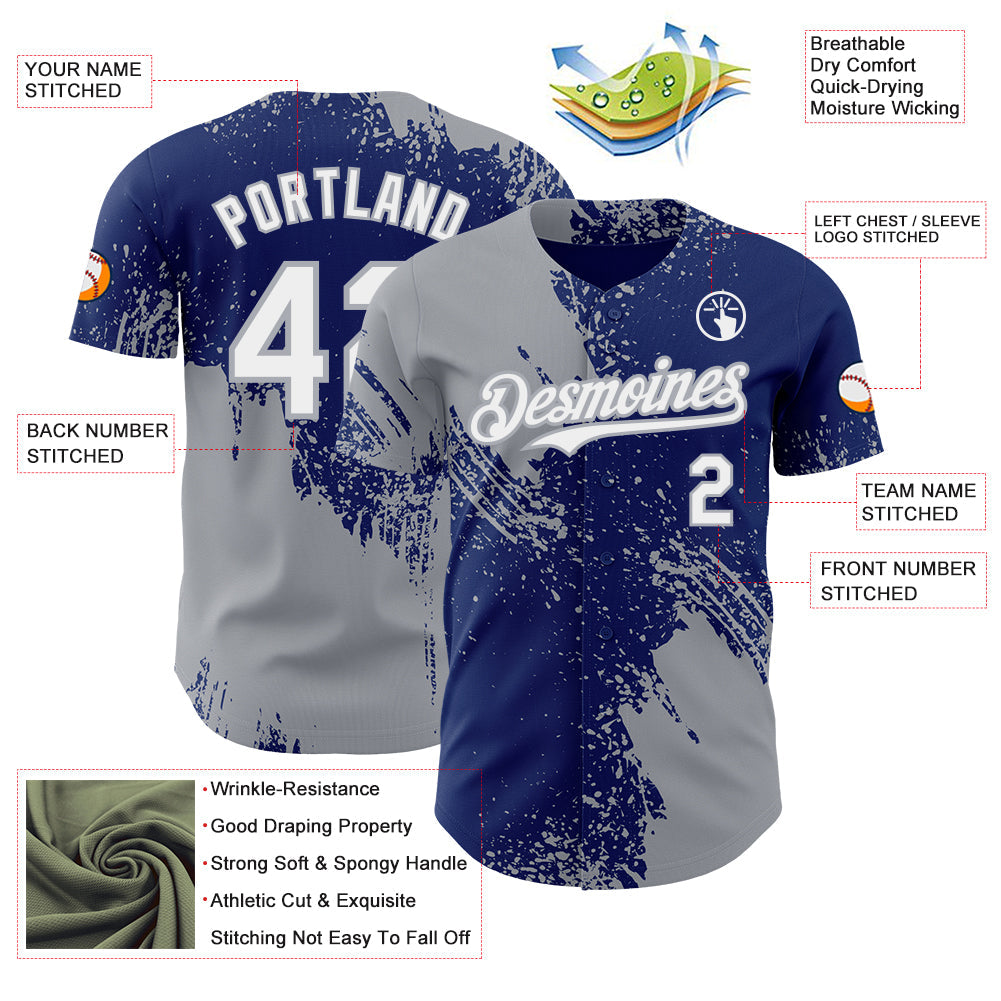 Custom Royal White-Gray Abstract Brush Stroke Authentic Baseball Jersey view 3