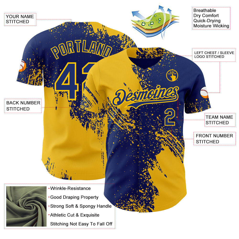 Custom Royal-Yellow Abstract Brush Stroke Authentic Baseball Jersey view 3