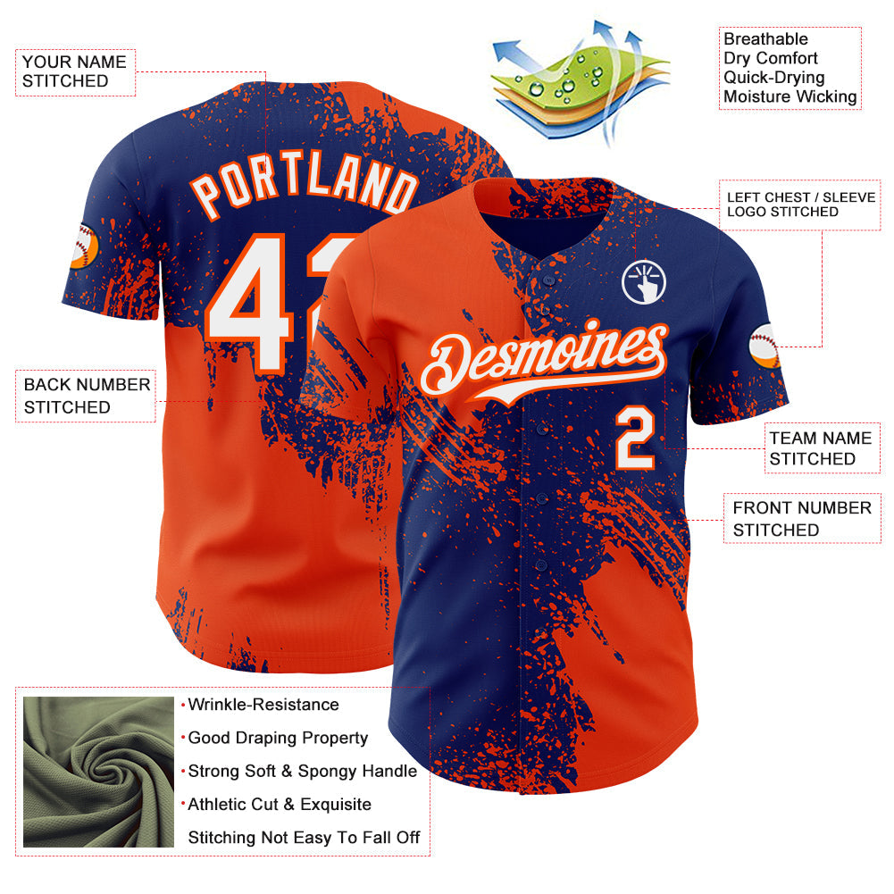 Custom Royal White-Orange Abstract Brush Stroke Authentic Baseball Jersey view 3