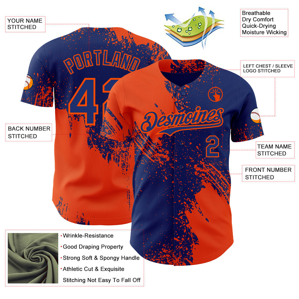 Custom Royal-Orange Abstract Brush Stroke Authentic Baseball Jersey view 3