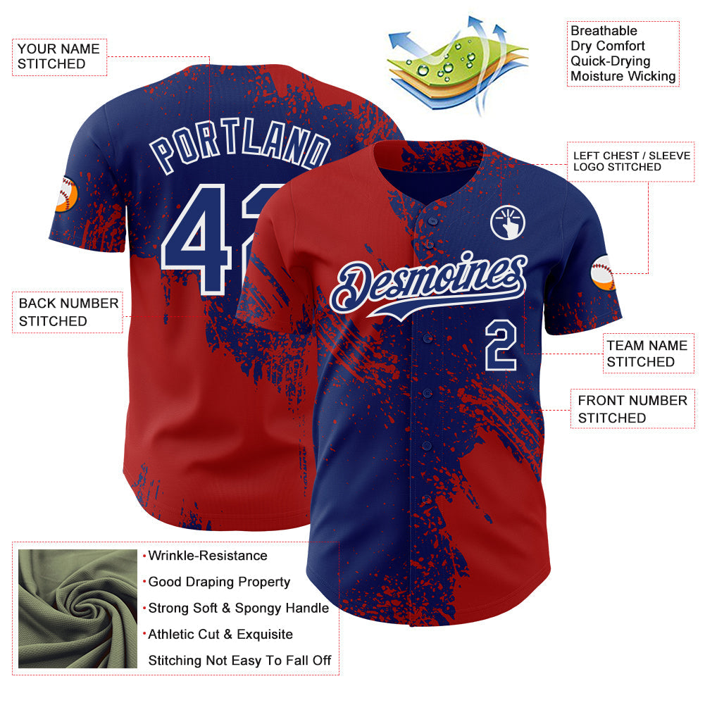 Custom Royal Red-White Abstract Brush Stroke Authentic Baseball Jersey view 3