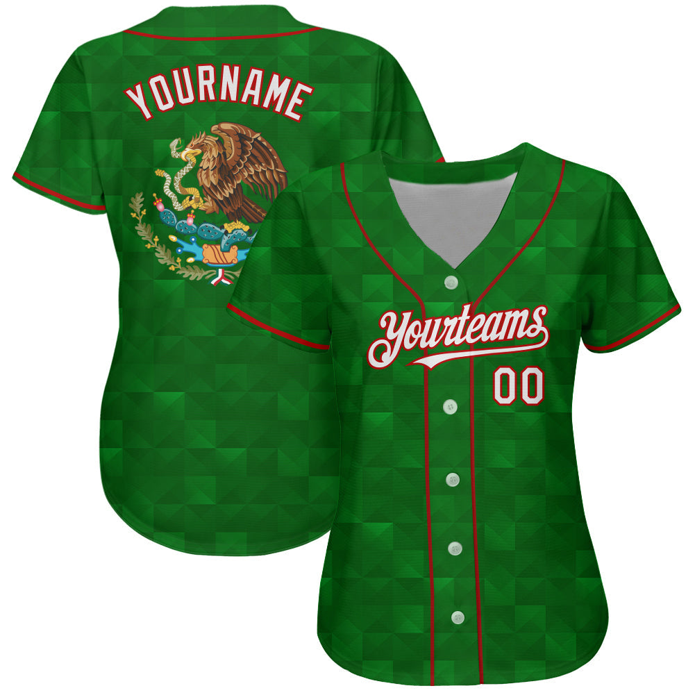 Custom Kelly Green White-Red 3D Mexico Authentic Baseball Jersey view 2