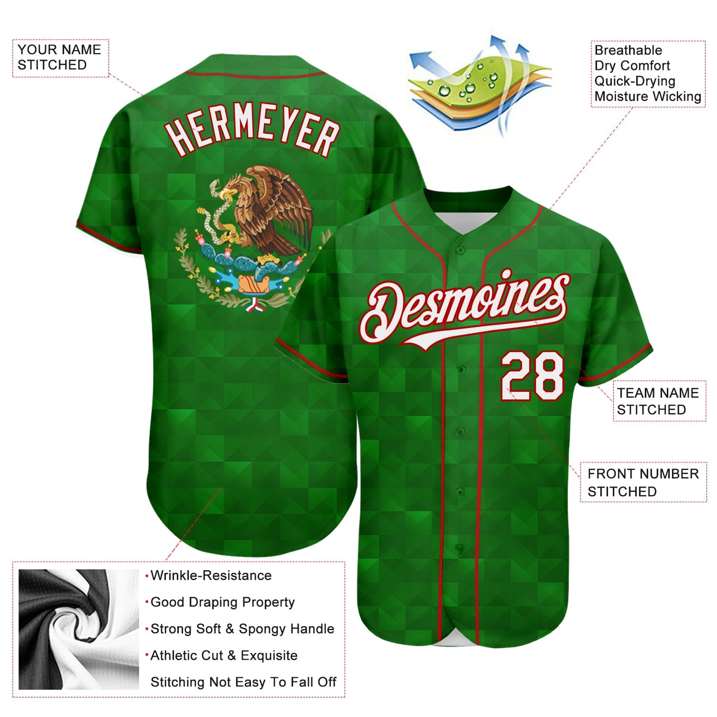 Custom Kelly Green White-Red 3D Mexico Authentic Baseball Jersey view 3