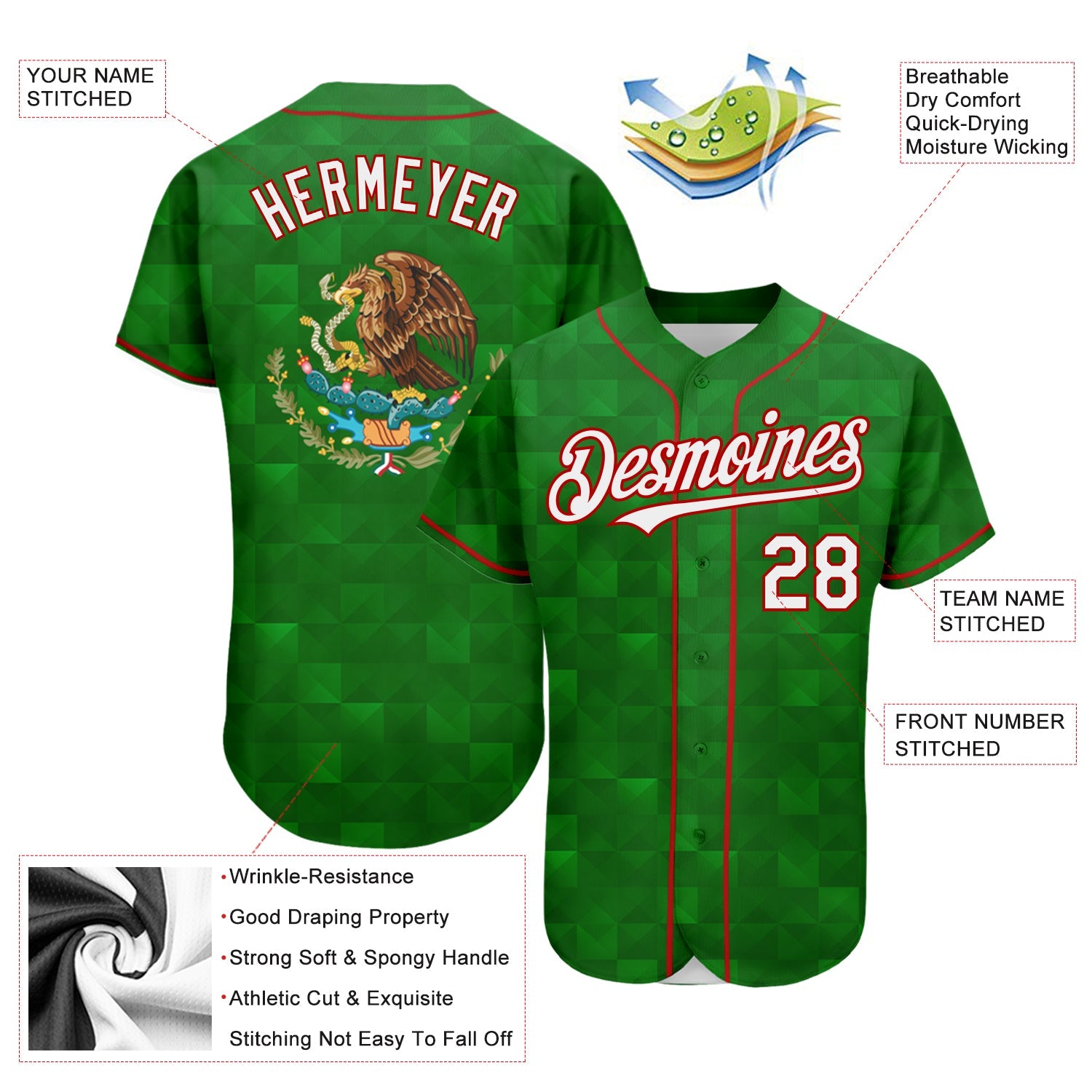 Custom Kelly Green White-Red 3D Mexico Authentic Baseball Jersey view 3