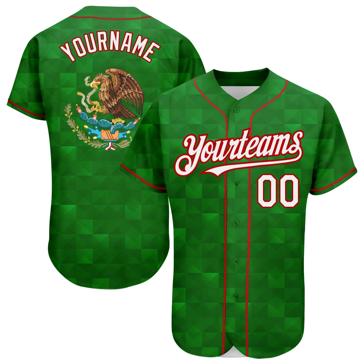Custom Kelly Green White-Red 3D Mexico Authentic Baseball Jersey - Main View