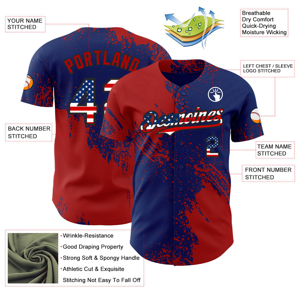 Custom Royal USA Flag Red-Black Abstract Brush Stroke Authentic Baseball Jersey view 3