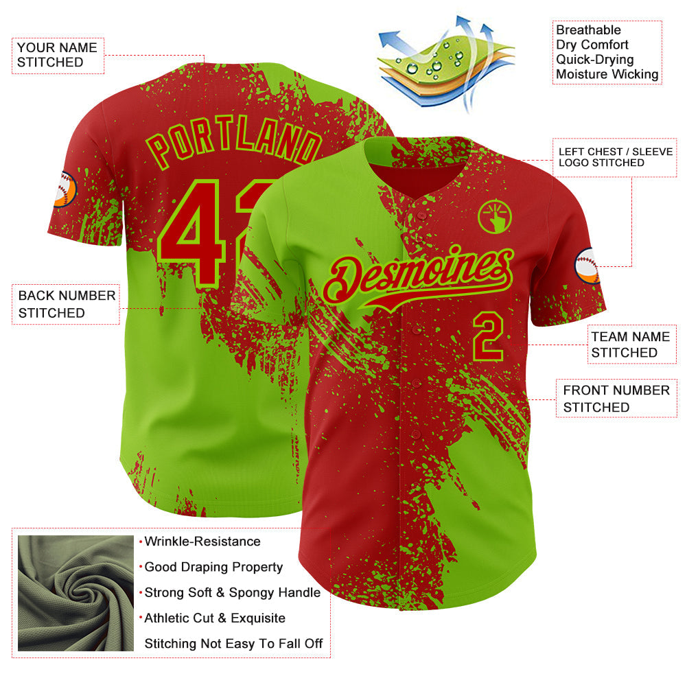 Custom Red-Neon Green Abstract Brush Stroke Authentic Baseball Jersey view 3