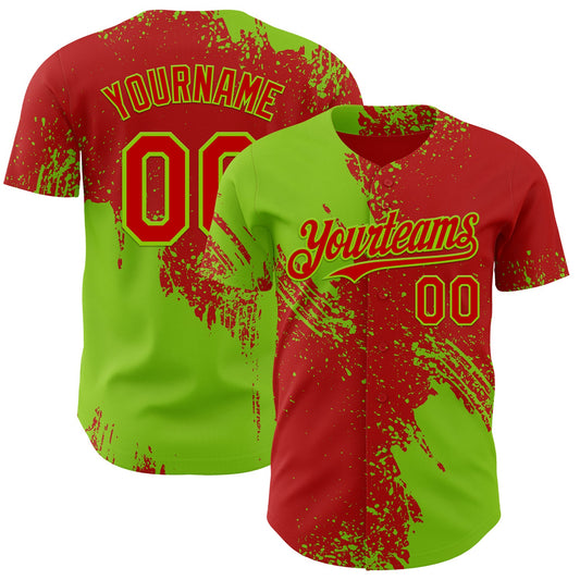 Custom Red-Neon Green Abstract Brush Stroke Authentic Baseball Jersey - Main View