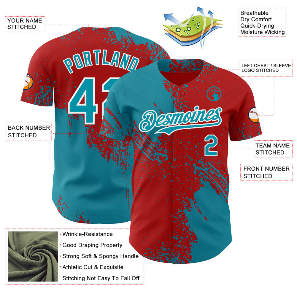 Custom Red Teal-White Abstract Brush Stroke Authentic Baseball Jersey view 3