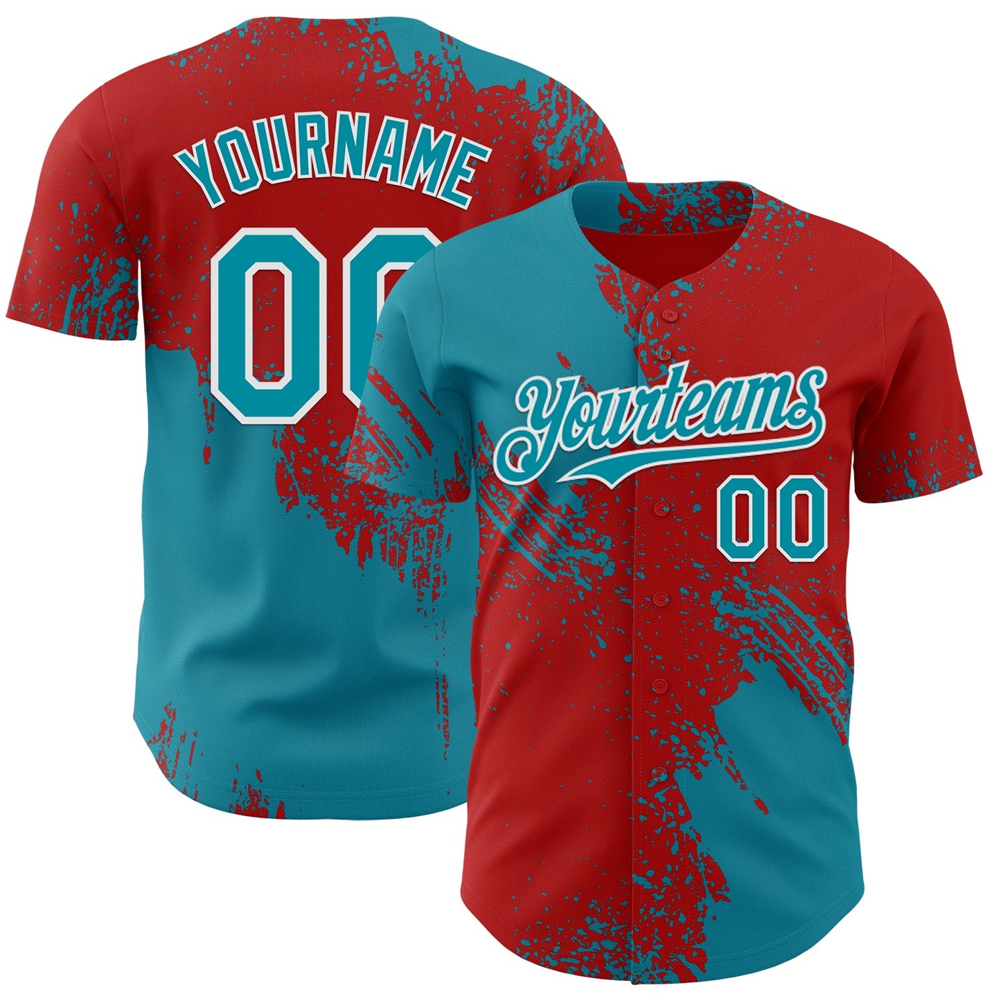 Custom Red Teal-White Abstract Brush Stroke Authentic Baseball Jersey - Main View