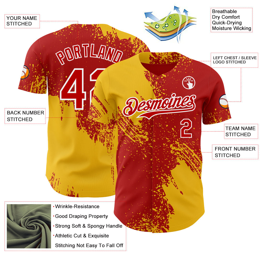 Custom Red Yellow-White Abstract Brush Stroke Authentic Baseball Jersey view 3