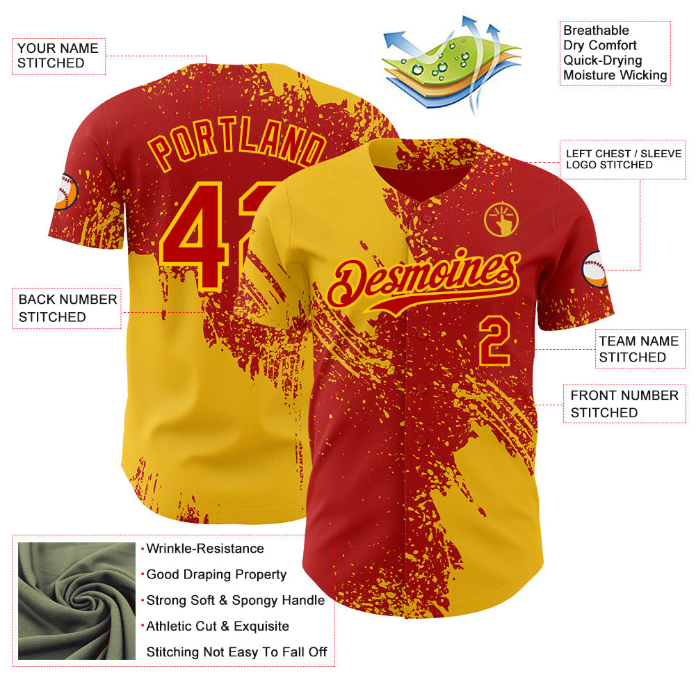 Custom Red-Yellow Abstract Brush Stroke Authentic Baseball Jersey view 3
