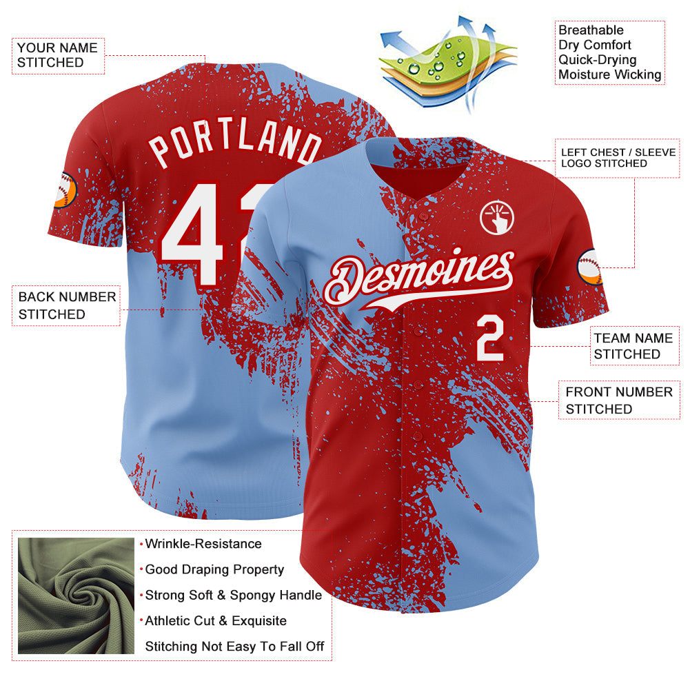 Custom Red White-Light Blue Abstract Brush Stroke Authentic Baseball Jersey view 3