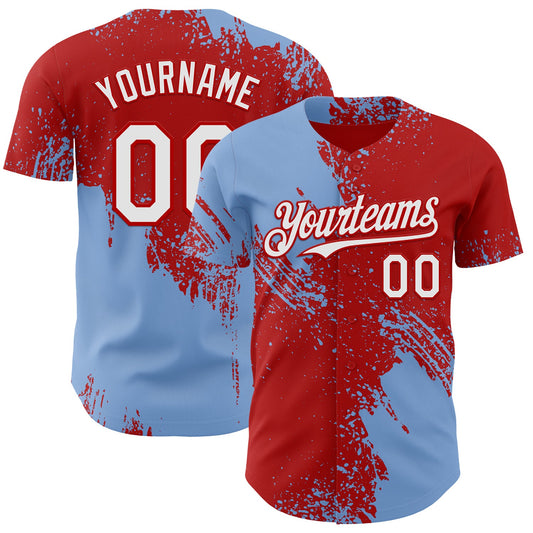 Custom Red White-Light Blue Abstract Brush Stroke Authentic Baseball Jersey - Main View