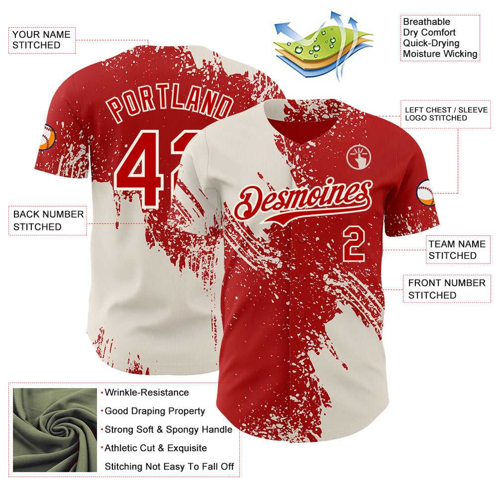 Custom Red-Cream Abstract Brush Stroke Authentic Baseball Jersey view 3