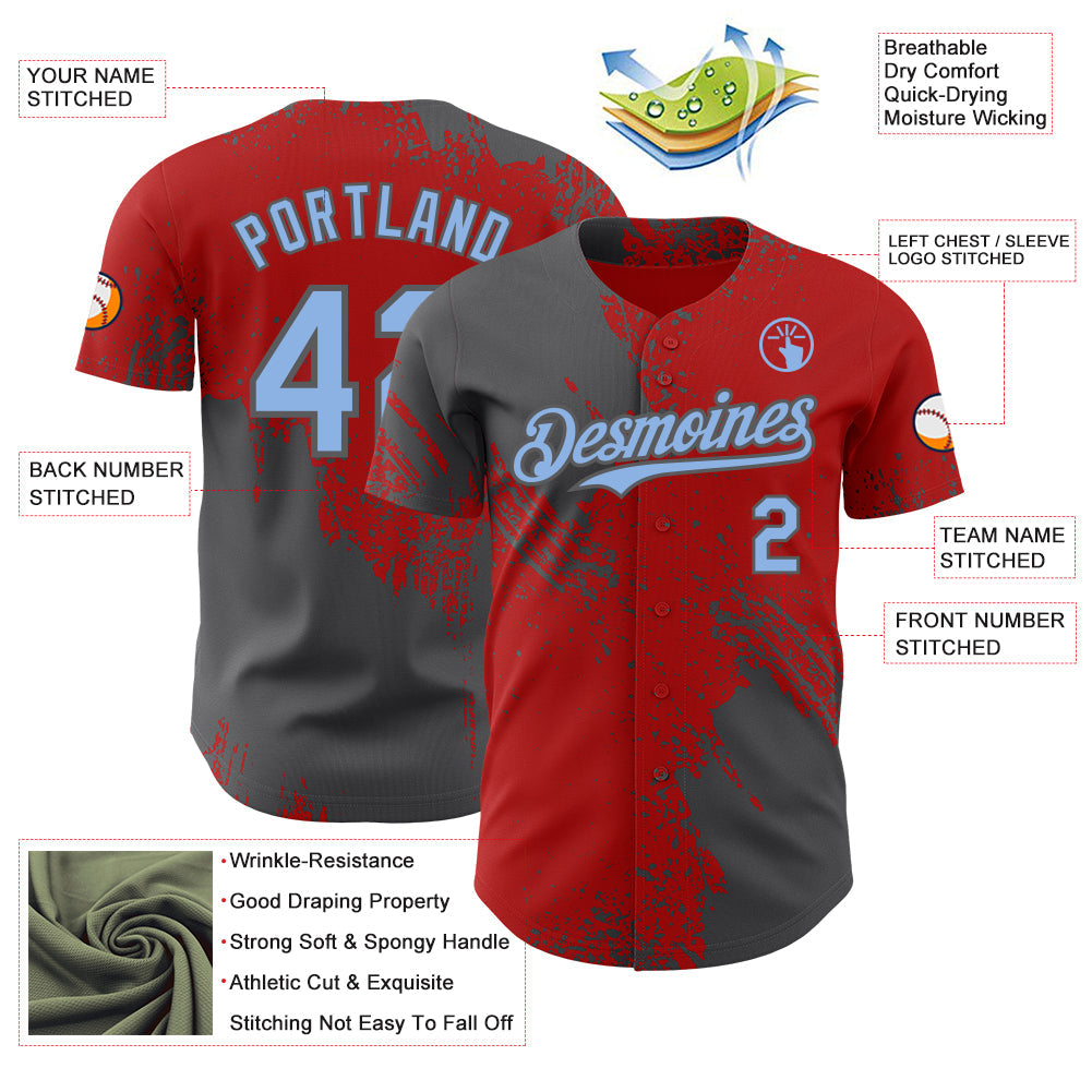 Custom Red Light Blue-Steel Gray Abstract Brush Stroke Authentic Baseball Jersey view 3