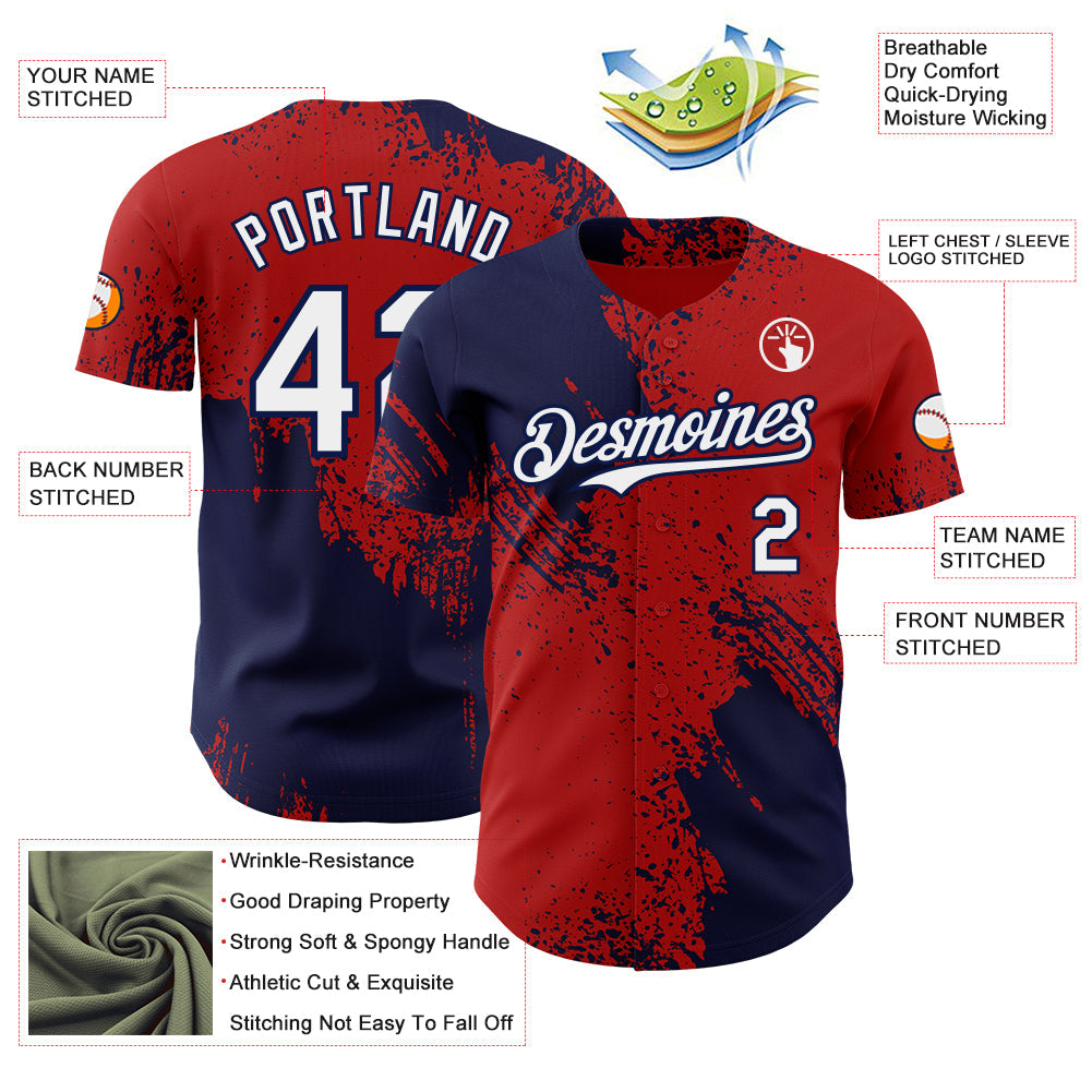 Custom Red White-Navy Abstract Brush Stroke Authentic Baseball Jersey view 3