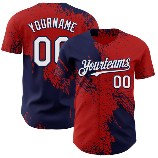 Custom Red White-Navy Abstract Brush Stroke Authentic Baseball Jersey - Main View