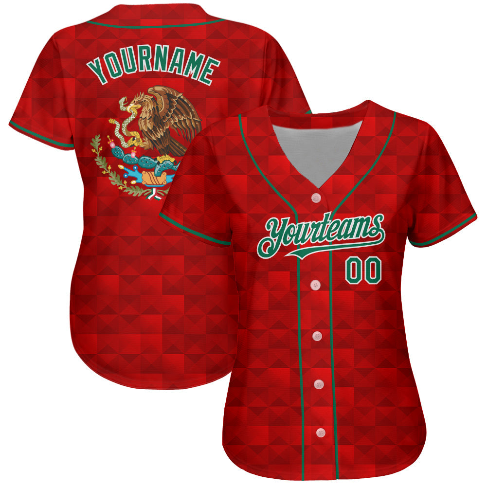 Custom Red Kelly Green-White 3D Mexico Authentic Baseball Jersey view 2