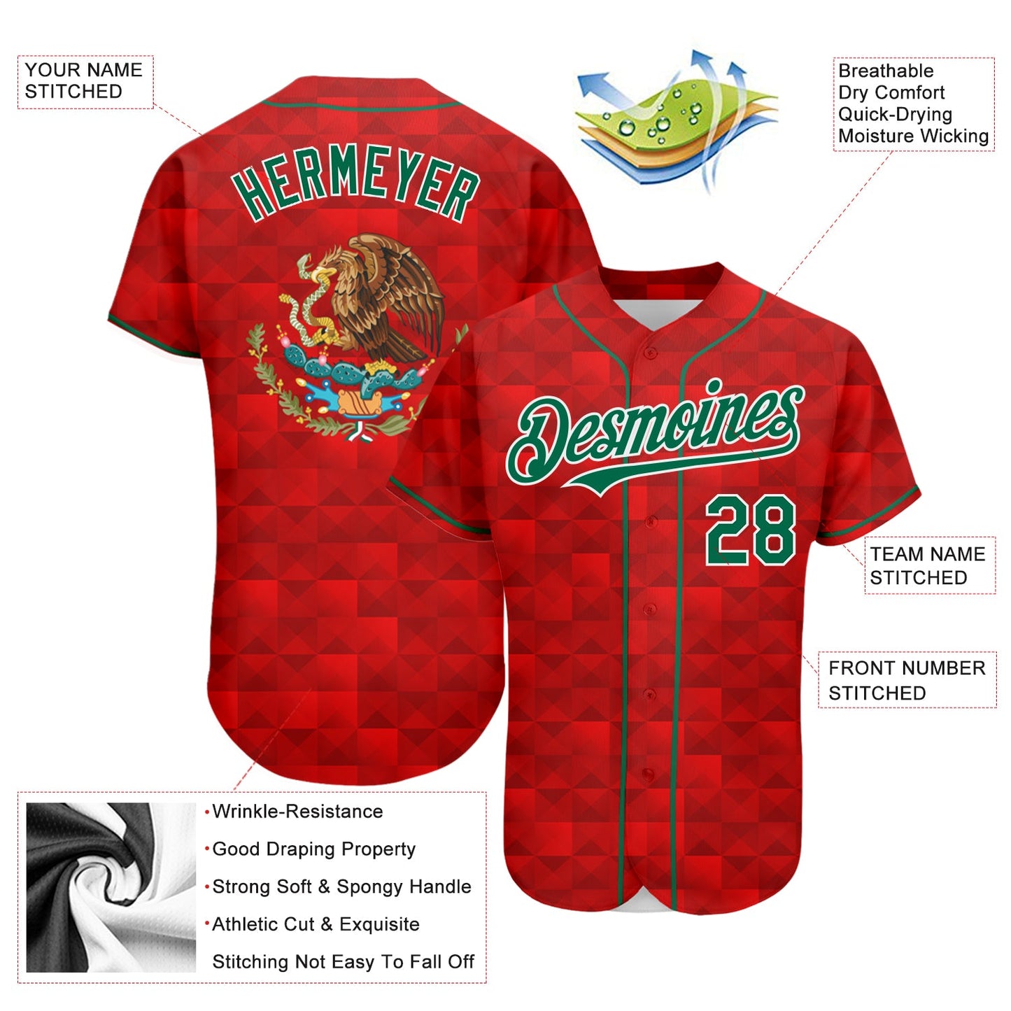 Custom Red Kelly Green-White 3D Mexico Authentic Baseball Jersey view 3