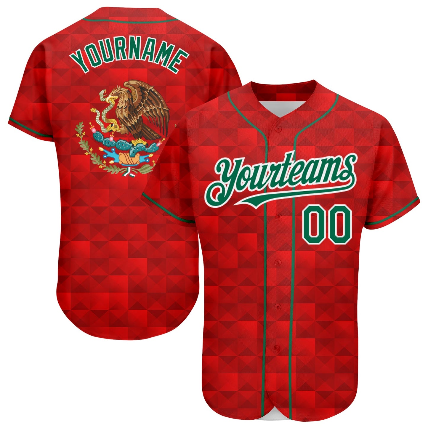Custom Red Kelly Green-White 3D Mexico Authentic Baseball Jersey - Main View