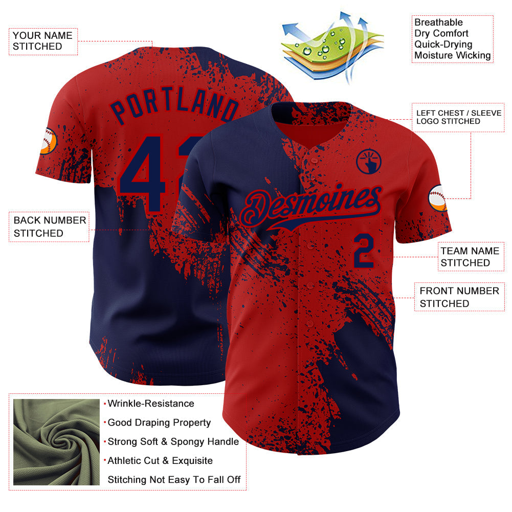 Custom Red-Navy Abstract Brush Stroke Authentic Baseball Jersey view 3