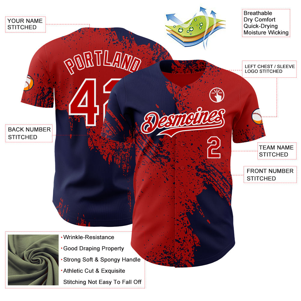 Custom Red Navy-White Abstract Brush Stroke Authentic Baseball Jersey view 3